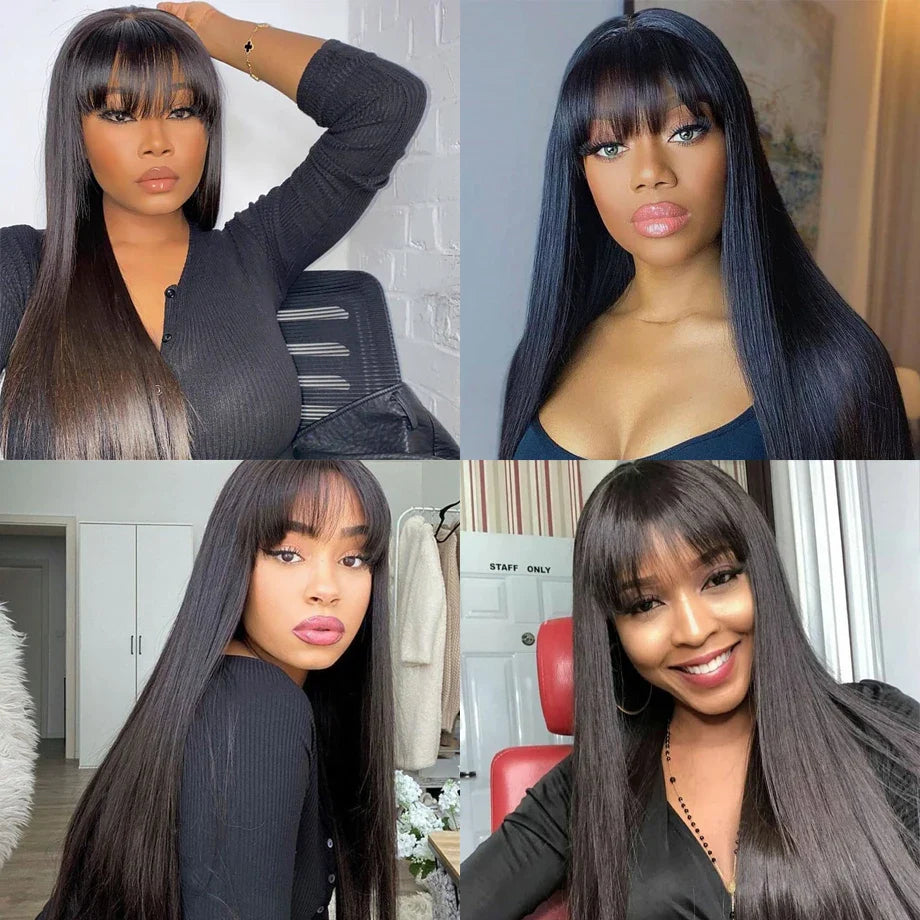 Bone Straight Human Hair Wig With Bangs For Women 30 Inch Brazilian 3x1 Lace Wigs Glueless Wig Human Hair Natural Black Color