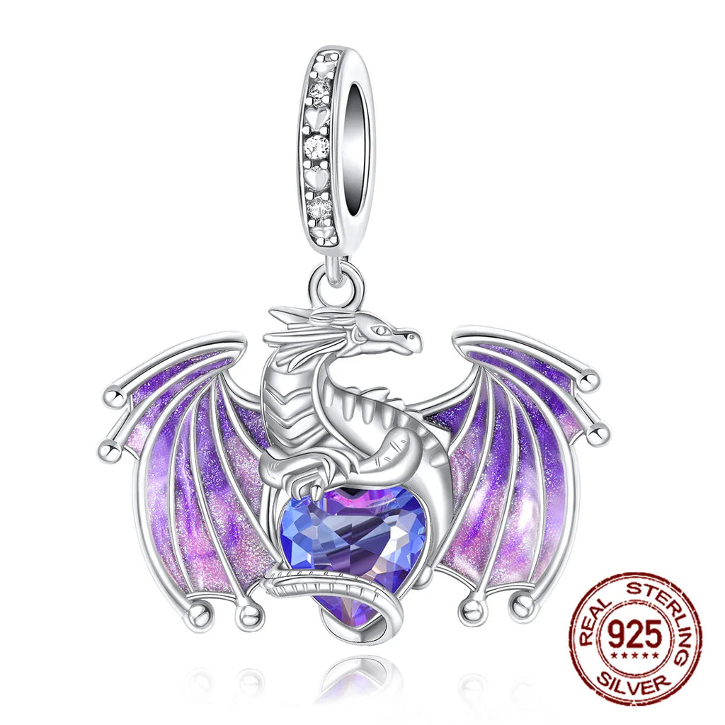 925 Sterling Silver Purple Dragon Flying Dragon Pendant Charm Fit Original Charms Bracelets Women DIY Jewelry Gift