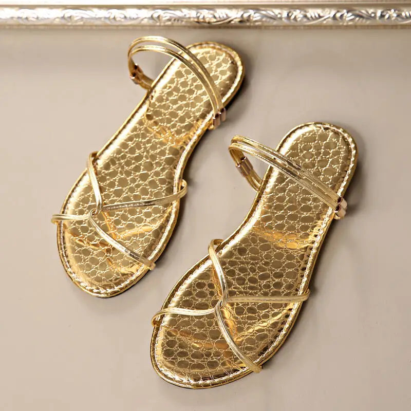 Brand Designer Gold Pu Cross Strap Sandals Women 2025 Summer Round Toe Narrow Band Flat Heels Sandals Sexy Beach Shoes Women
