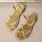 Brand Designer Gold Pu Cross Strap Sandals Women 2025 Summer Round Toe Narrow Band Flat Heels Sandals Sexy Beach Shoes Women