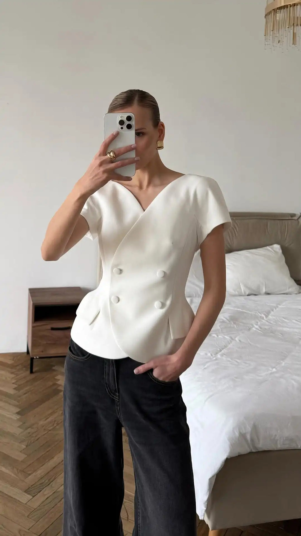 Elegant Short Sleeve Women's Top 2025 Summer Fashion V-neck Button Slim Office Lady Commuting Tops Street Solid Female Shirt