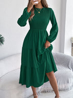 Autumn Winter Elegant Dresses for Woman Solid Color Round Neck Long Sleeve Ruffled Dresses Khaki Green Red