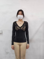 Blouse for Women Slim Deep V Neck T-Shirt 2025 Sexy Scallop Trim Lace Patchwork Glitter Flower Embroidery See-Through Shirt