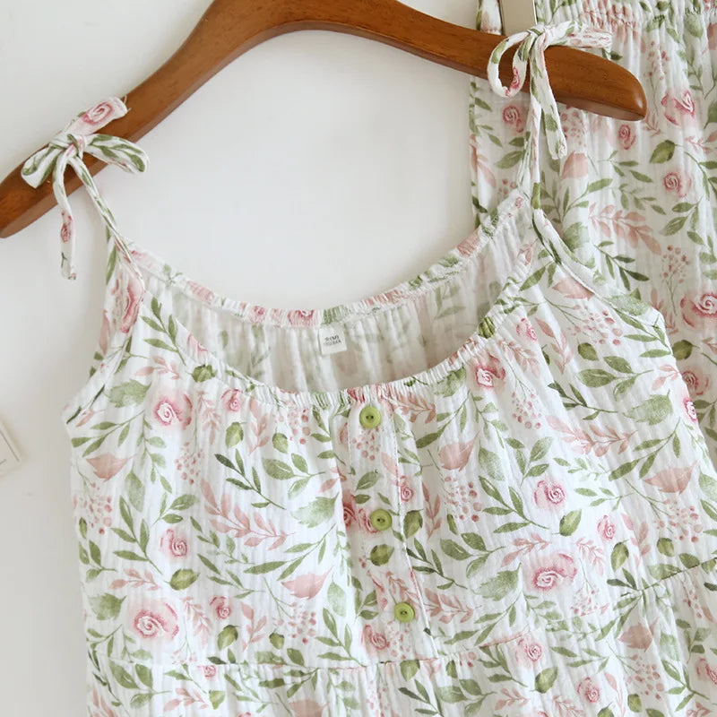 2025 Japanese Summer New Women's Pajama Set 100% Cotton Crepe Cloth Ladies Suspender+Shorts Two Piece Home Furnishing Set