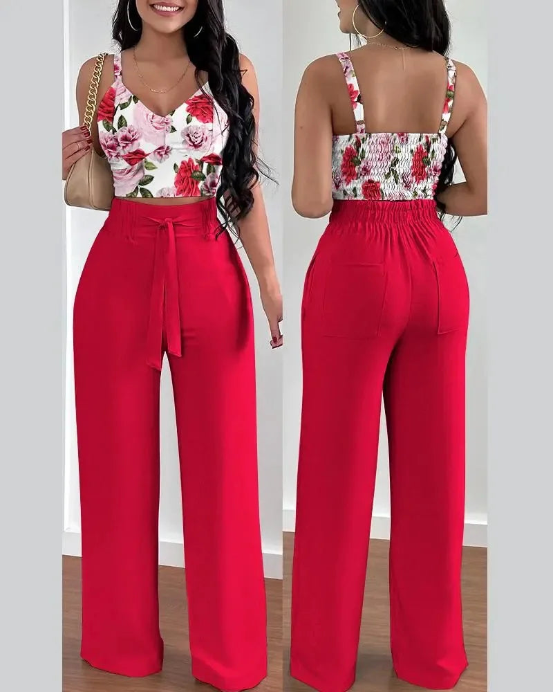 2025 Conjuntos Para Mujeres 2 Piezas Women V-neck Two-piece Set Backless Sleeveless Long Pants Casual 2 Piece Sets Women Outfit