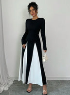 2025 Spring & Autumn Women's Long Sleeve Round Neck A Line Contrast Color Dress, Stylish Black & White Patchwork Long Dress