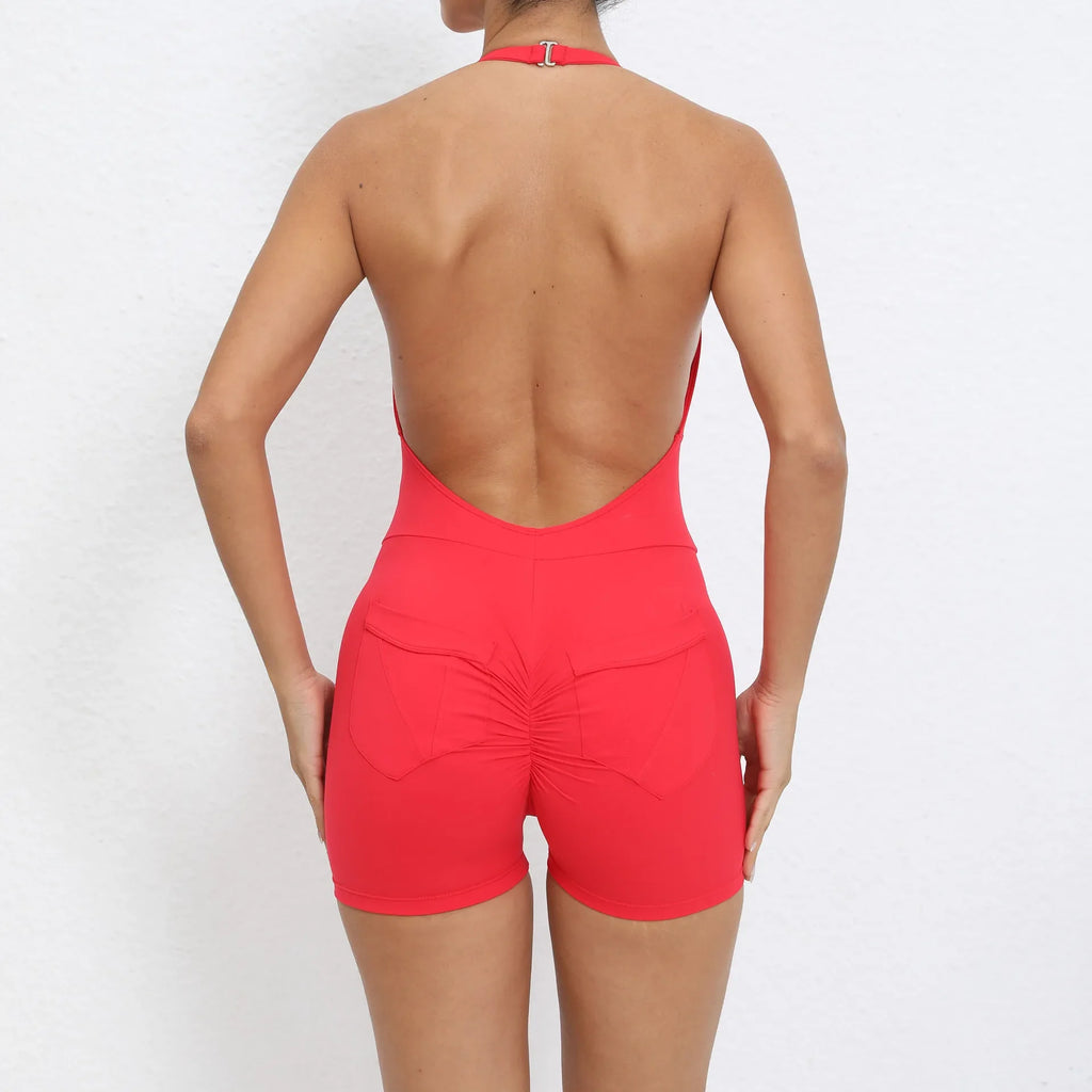 Gym Sport Jumpsuit Short Jumpsuit with Pocket Women Sportswear One Piece Yoga Set Sexy Backless Scrunch Fitness Overalls Romper