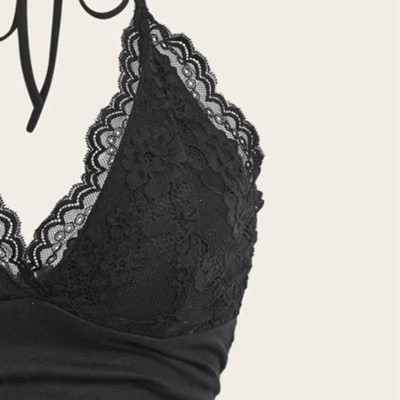 Black Lace Patchwork Halter Top Y2k Women Clothing Goth Punk Solid Ruched Backless Sleeveless Tank Top Streetwear