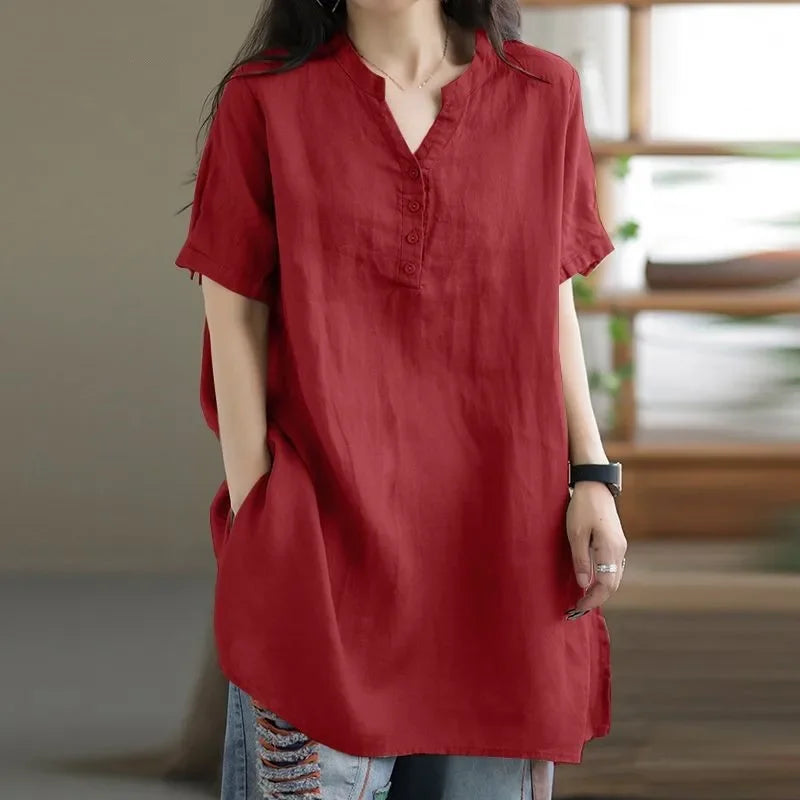 2024 Summer Fashion Cotton and Hemp Women's Shirt Commuting Style Casual Half Open Short Sleeve Casual Shirt Top