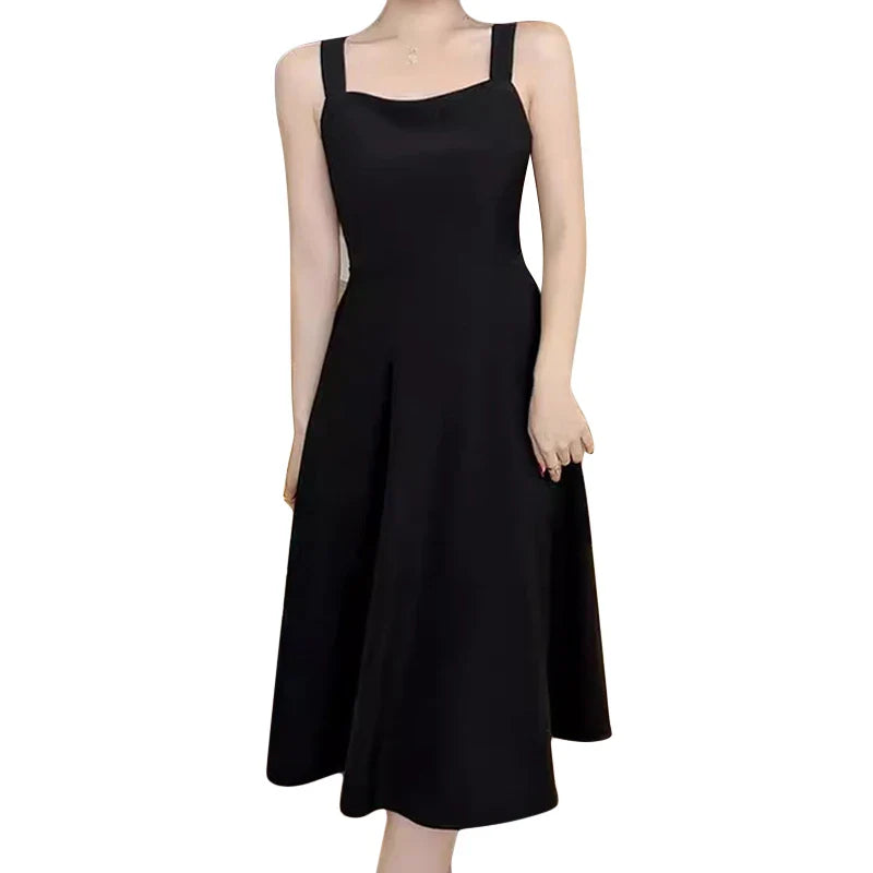 Elegant Black Midi Strapless Dress French Style Birthday Party Slimming Fit Pure Desire Design  Polyester Fiber