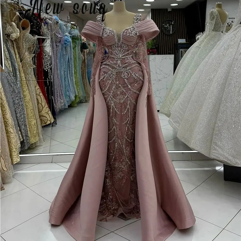 Blush Pink Long Sleeve Evening Dress With Detachable Train Women Arabic Wedding Engagement Party Gowns Lace Beaded Customized