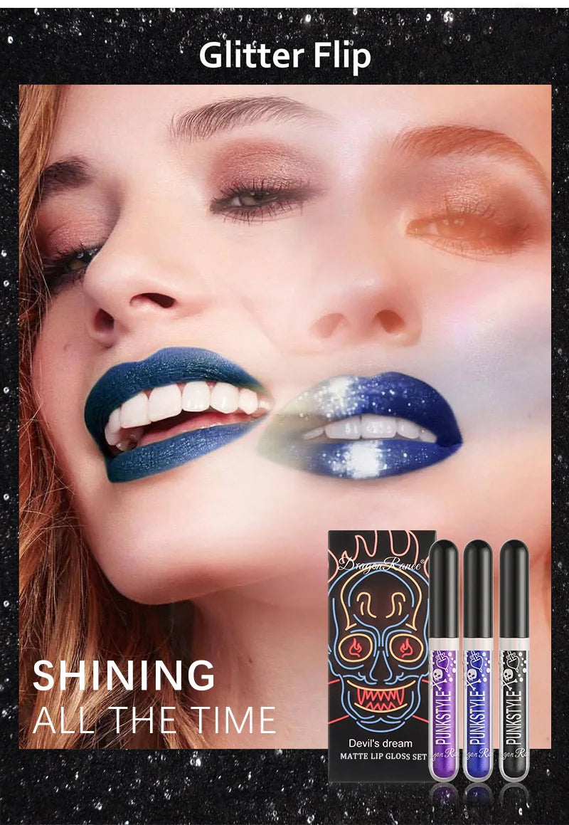 3pcs Glitter Lipstick Set Waterproof Sexy Blue Purple Black Lip Gloss Shiny Lip Tint Halloween Lip Makeup Tool Korean Cosmetics
