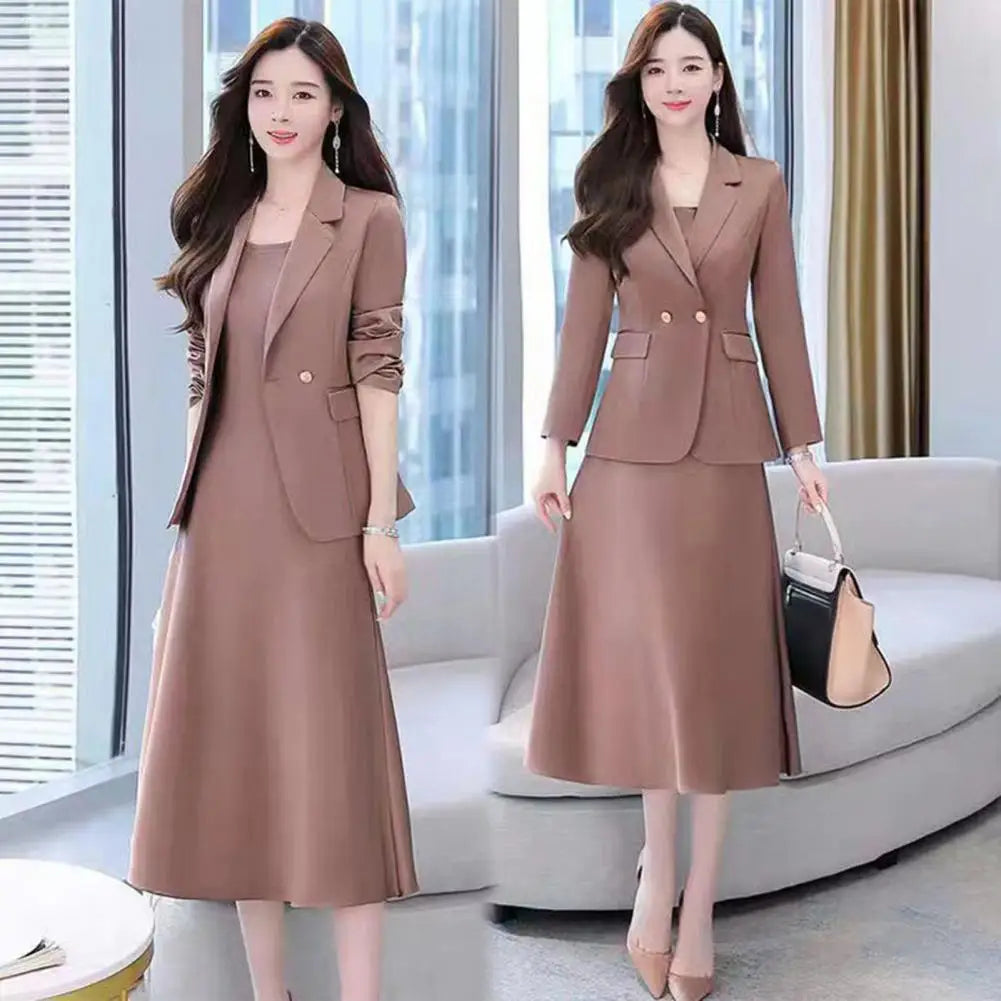 2Pcs/Set Summer Women Suit Dress Outfit  Solid Color Mid-length Lady Dress Sets Light Luxury Commute Sling Dress Coat Set