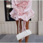 3D Flower Ruffles Mini Dress Women Elegant V Neck Lace Up Long Sleeves Ribbon Vestidos Female 2025 Summer Fashion Chic Dress