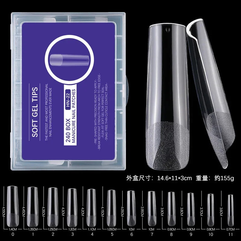 240PCs Extra Long XXL Size False Nail Tips Soft Gel Coffin Square Almond Fake Nail Tips Half Matte No Trace Traceless Nails
