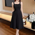 Elegant Black Midi Strapless Dress French Style Birthday Party Slimming Fit Pure Desire Design  Polyester Fiber
