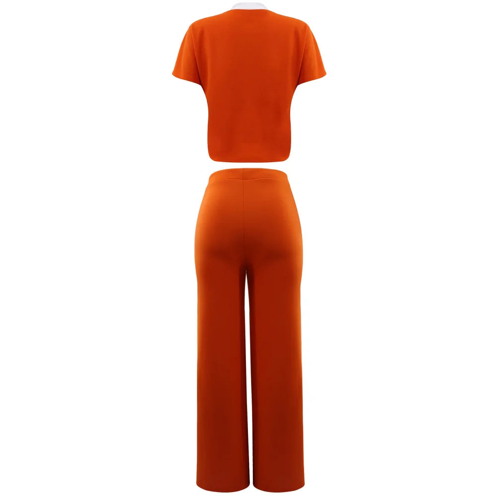 Elegant Women's Casual Short Sleeve T-shirt Sports Suit Summer Fashion Solid V Neck Short Top & Straight Pants Two Piece Sets