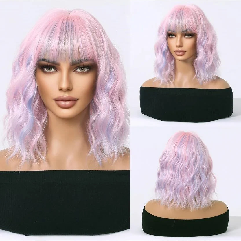 Allbell Magique Short Wavy Wig Bob Curly Wig With Bangs Dirty Orange Lolita Wigs Natural Synthetic Wig For Woman Heat Resistant