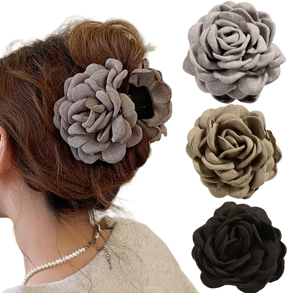 16 Colors Sweat Medium Size Cotton Fabric Rose Flower Hair Claw Clips for Women Korean Ctach Shark Clamp Hair Accessories 2024