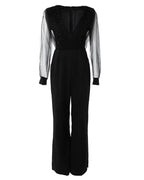 Elegant Jumpsuit Women Spring Fashion Glitter Print Sexy V-Neck Long Sleeve Casual Contrast Mesh Pocket Straight Leg Jumpsuit