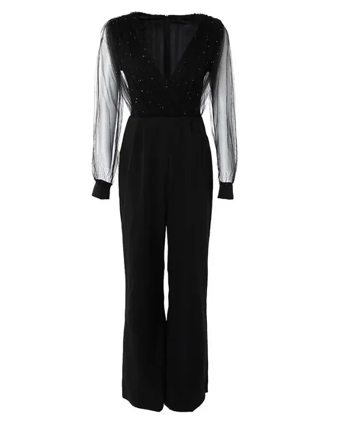 Elegant Jumpsuit Women Spring Fashion Glitter Print Sexy V-Neck Long Sleeve Casual Contrast Mesh Pocket Straight Leg Jumpsuit