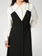 DUSHU Women Autumn Long SLeeve Dresses Office Lady Temperament Polo Neck A-LINE Long Dress Fake Two Patchwork Dress 24DS83358