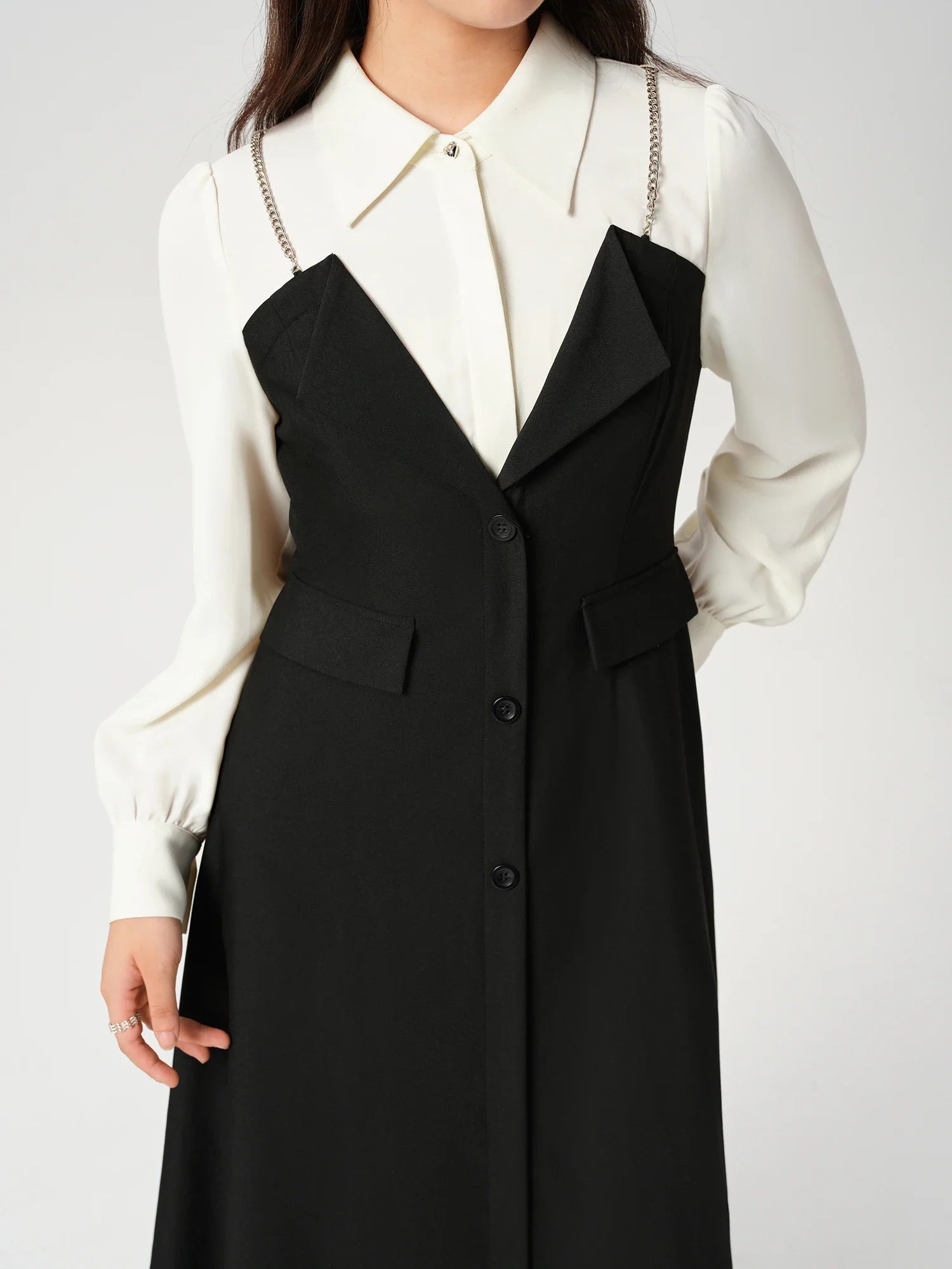 DUSHU Women Autumn Long SLeeve Dresses Office Lady Temperament Polo Neck A-LINE Long Dress Fake Two Patchwork Dress 24DS83358