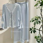 Blue Pajamas Set Elegant Home Clothes Ice Silk Sleepwear Women Loose Trousers Suit Four Seasons Loungewear Sexy Lace Nightgown