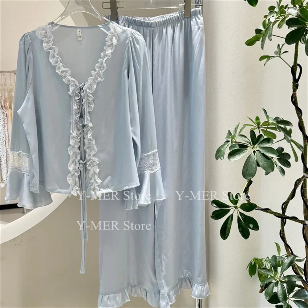 Blue Pajamas Set Elegant Home Clothes Ice Silk Sleepwear Women Loose Trousers Suit Four Seasons Loungewear Sexy Lace Nightgown