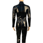2025 Halloween Women's Wet Look Shiny PU Faux Leather Jumpsuit Suit Long Sleeve Zipper Open Crotch Latex Bodysuit Clubwear