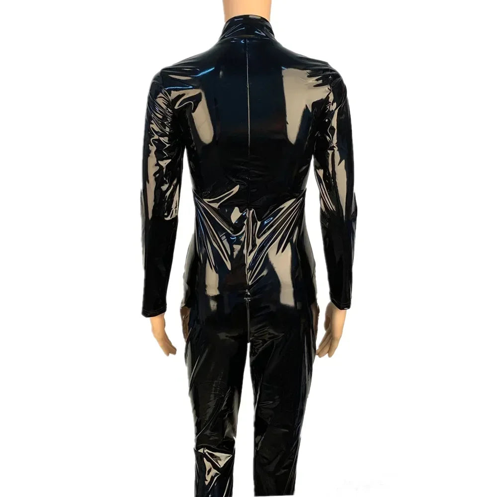 2025 Halloween Women's Wet Look Shiny PU Faux Leather Jumpsuit Suit Long Sleeve Zipper Open Crotch Latex Bodysuit Clubwear