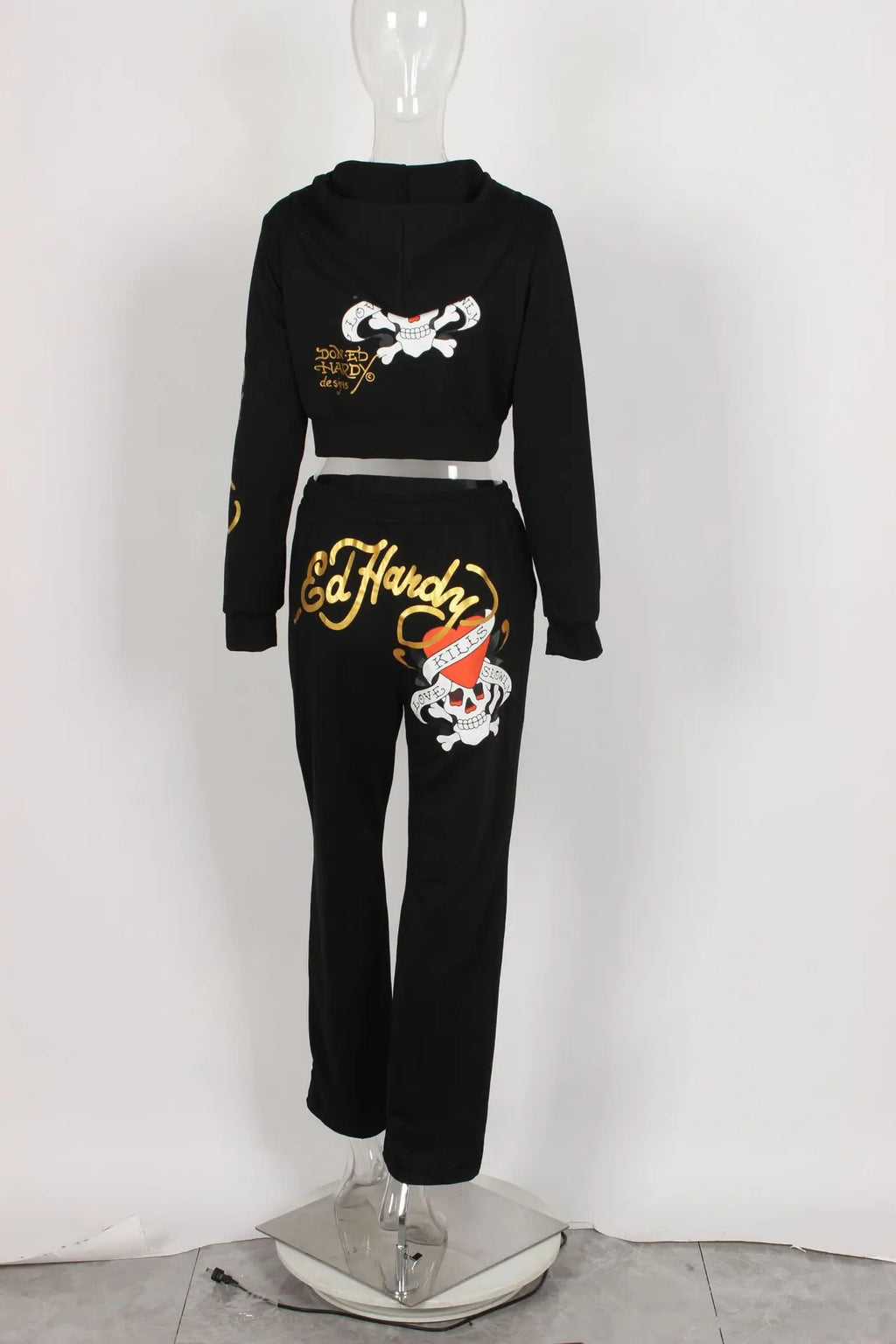 Bangniweigou Skull Love Print Zipper Short Cardigan + High Waist Straight Leg Pants Two Piece Set Women Tracksuit Autumn Winter