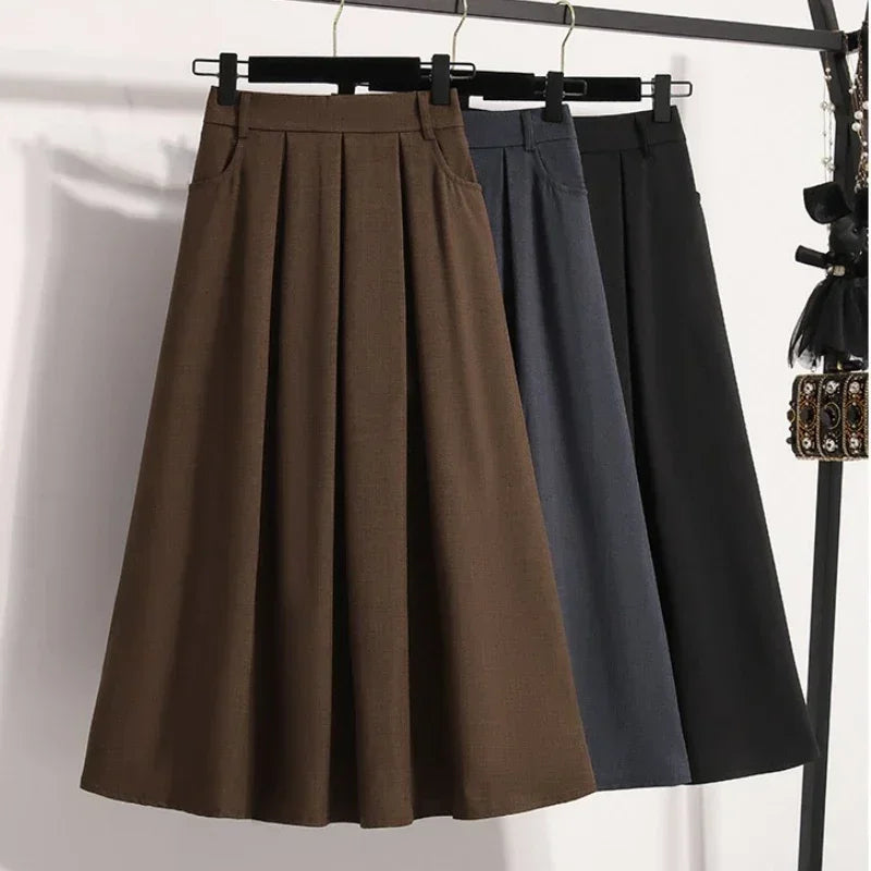 2025 Solid Color Versatile Medium Length Skirt Pleated Plus Size A-Line Maxi Gown Cover Hip Spring Summer New Half-length Skirt