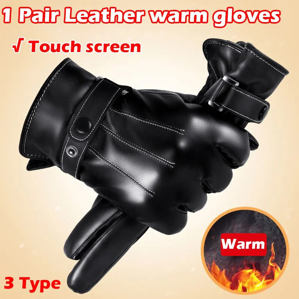 1 Pair High Quality Full Finger Black Riding Gloves Men PU Leather Glove Winter Warm Touch Screen Gloves