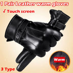 1 Pair High Quality Full Finger Black Riding Gloves Men PU Leather Glove Winter Warm Touch Screen Gloves