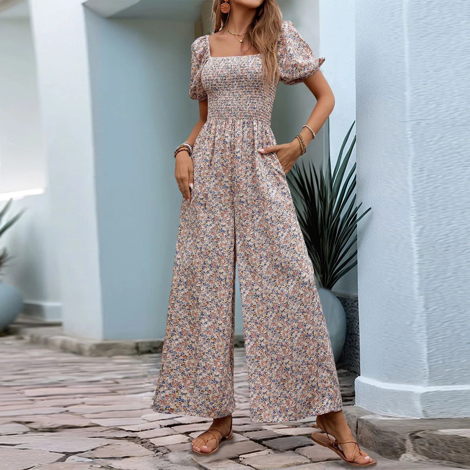 Bohemian Vacation Holiday Jumpsuit Women Pleated Wide Leg Rompers Chiffon Print Ethnic Playsuit Summer Casual Jumpsuits