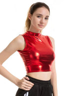 CHSDCSI Sexy Slim Shiny Sleeveless Vest Women High Street Tanks Summer Short Tops Fashion Punk Silver Gold Crop Clubwear