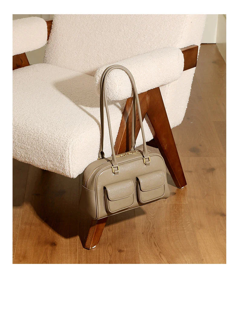 Burminsa Cowhide Genuine Leather Underarm Shoulder Bags For Women 2025 Luxury Designer Korean Bowling Tote Work Ladies Handbags