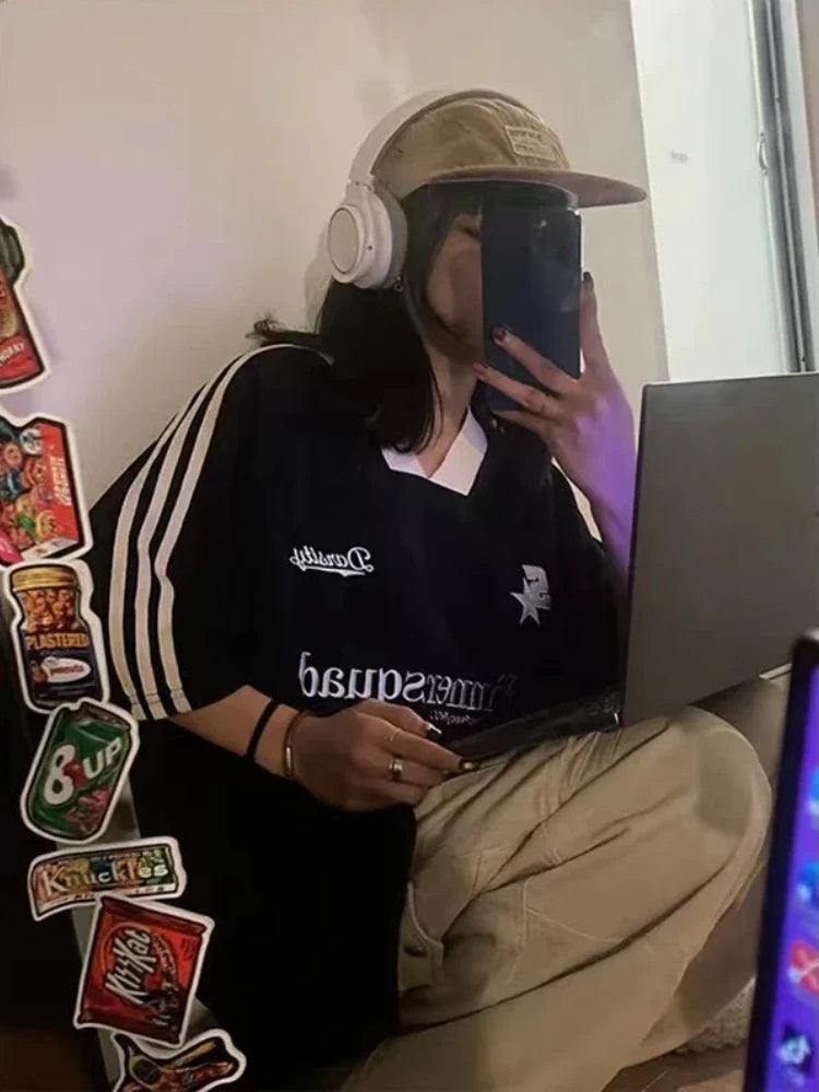 2024 Y2K Oversized Jersey T-shirt Women Summer New Vintage Short Sleeve V-neck Loose Sports Tops Hip Hop Streetwear Letter Tees