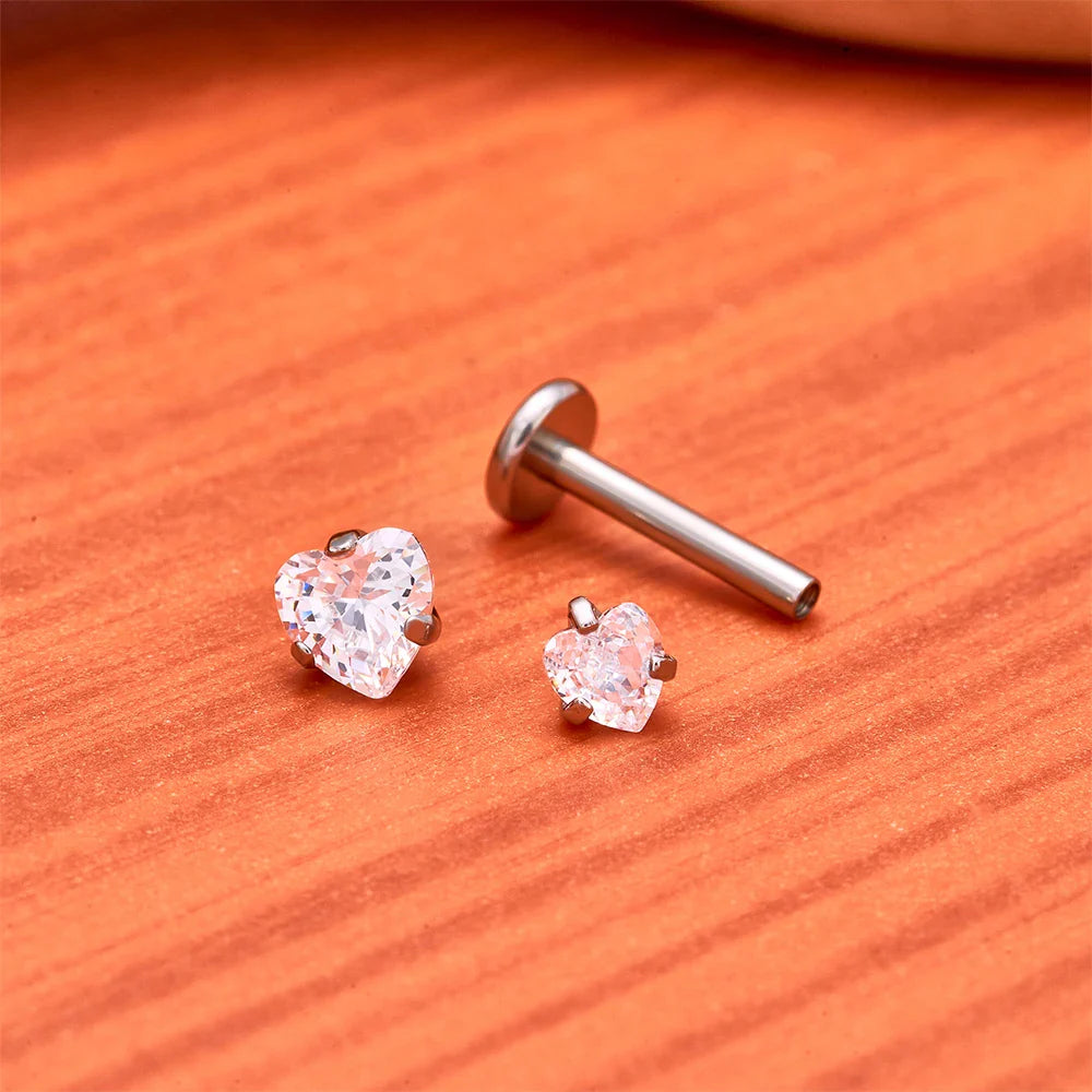 1/10PCS ASTM F136 Titanium 16G Heart CZ Threaded Labret 3mm/4mm CZ Cartilage Tragus Helix Nose Stud Piercing Jewelry