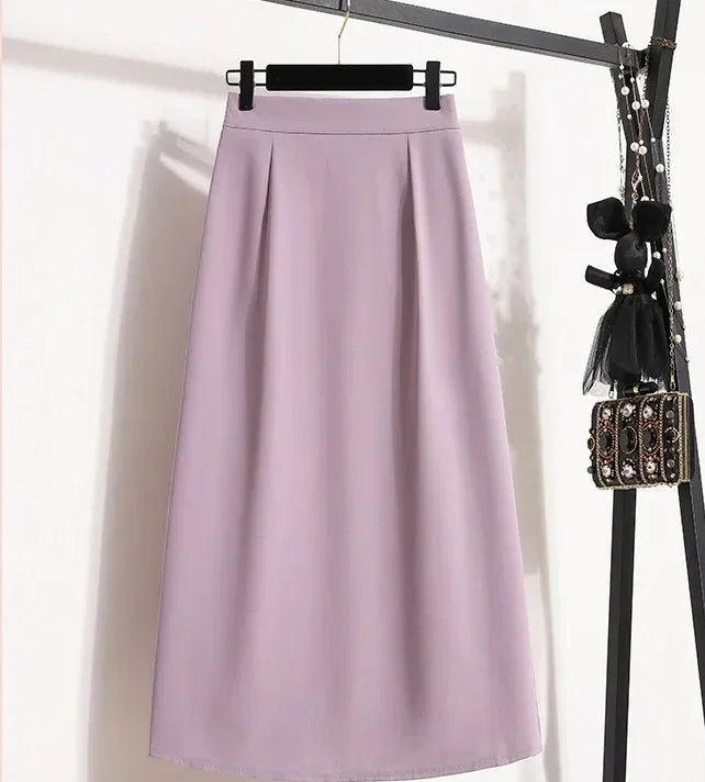 2025 Summer Female Fashionable Versatile Solid Skirts High Waisted Mid Length A-line Plus Size Skirt Split Wrap Body Skirt