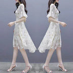 Ele Summer  Women's Midi Dr ang Hai Sle Sweet Princ round Ne ort Sve A-Line Skirt Printed Chiffon Dr