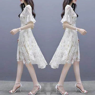 Ele Summer  Women's Midi Dr ang Hai Sle Sweet Princ round Ne ort Sve A-Line Skirt Printed Chiffon Dr