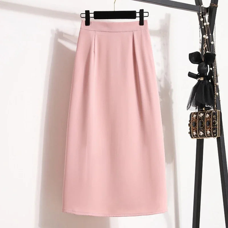 2025 Summer Female Fashionable Versatile Solid Skirts High Waisted Mid Length A-line Plus Size Skirt Split Wrap Body Skirt