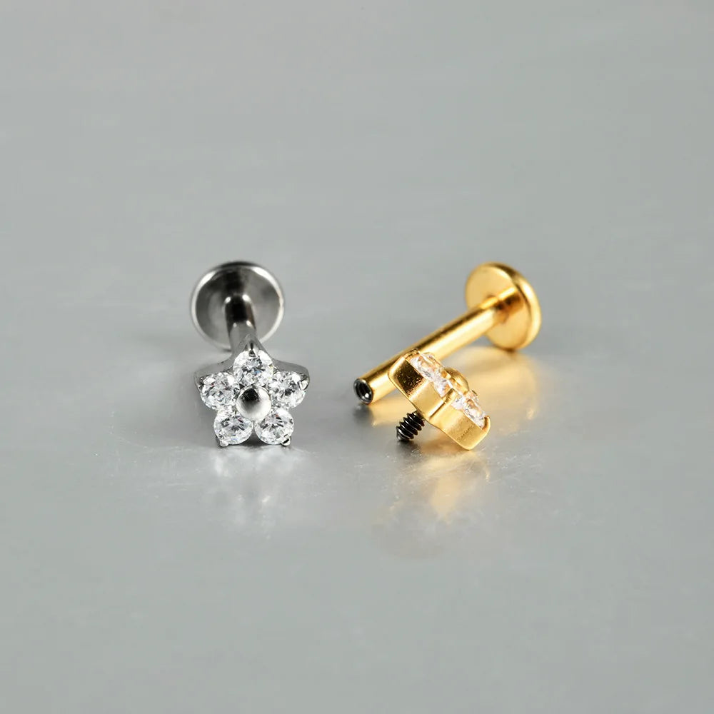 1PC ASTM F136 Titanium Flower CZ Labret Stud Internal Thread Piercing Lip Stud Daith Conch Earring Piercing Jewelry Wholesale