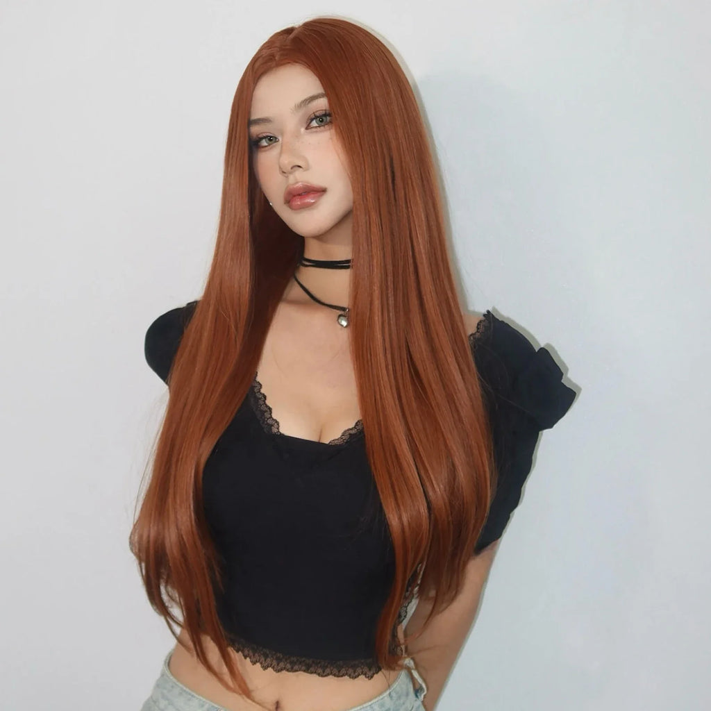 Copper Ginger Brown Long Straight Wig Synthetic Women's Wigs Middle Part Cosplay Daily Use Natural Hair Heat Resistant Fibre