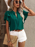 Dark Green Elegant Pullover Blouse 2024 Women's Summer New V-neck Casual Double Layered Ruffle Sleeves Solid Color Shirt Top
