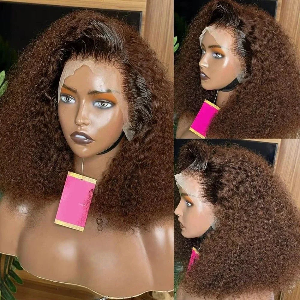Chocolate Brown Short Curly Bob Wig Human Hair 13x4 Lace Front Wig 230% Density Brazilian Preplucked Curly Deep Wave Bob Wigs
