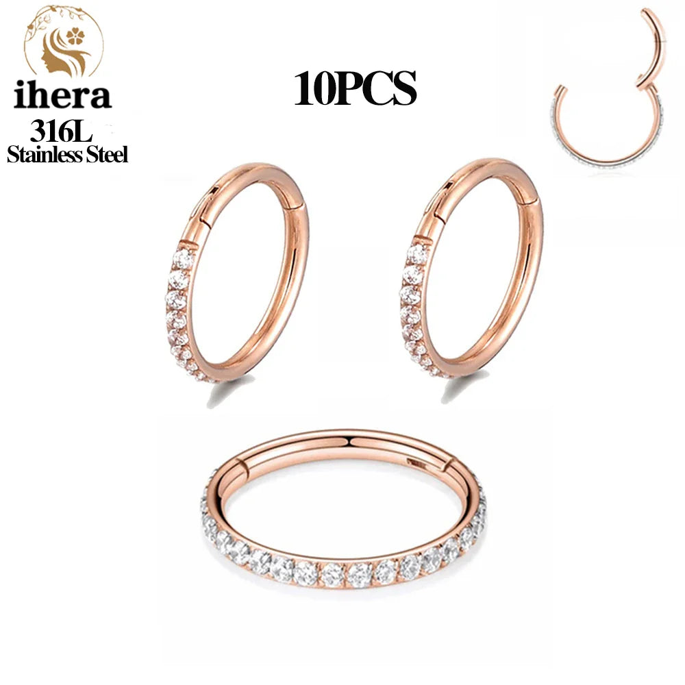 316L Stainless Steel Zircon CZ Hinged Segment Nose Septum Clicker Ring Round Earrings Hoops Ear Tragus Helix Piercing Jewelry