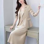 2Pcs/Set Summer Women Suit Dress Outfit  Solid Color Mid-length Lady Dress Sets Light Luxury Commute Sling Dress Coat Set